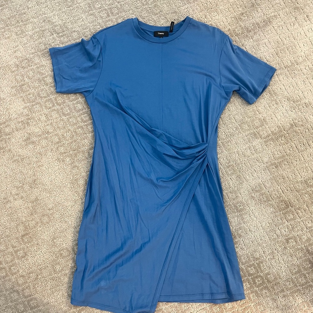 NWOT Theory Womens Blue Casual Mini T-Shirt Dress With Side Ruching Size Medium - Picture 5 of 14